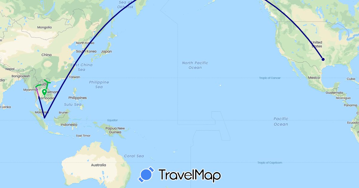 TravelMap itinerary: driving, bus, plane, train in Cambodia, Laos, Singapore, Thailand, United States, Vietnam (Asia, North America)